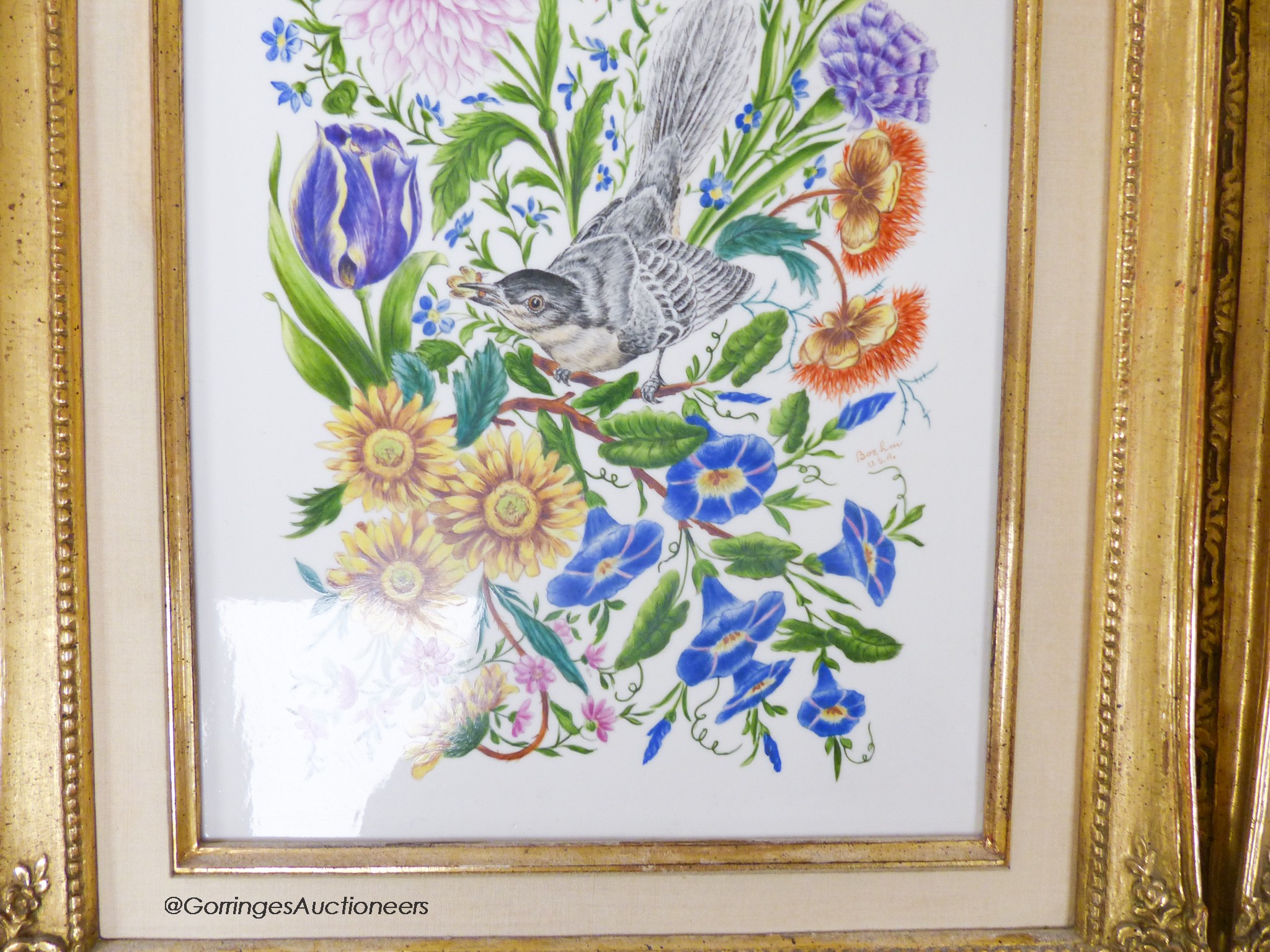 A pair of Boehm painted porcelain plaques, birds amongst foliage